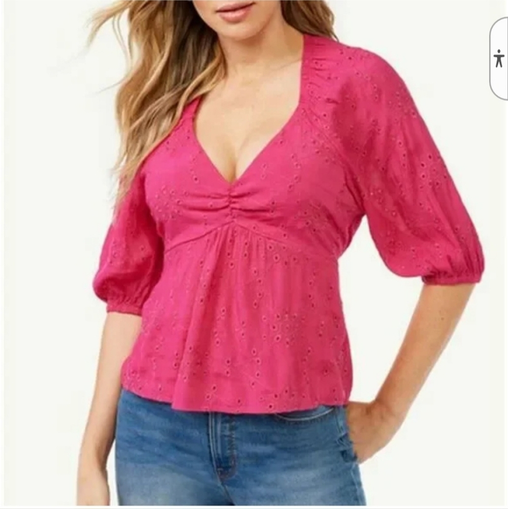 XL Sofia Jeans SOFIA VERGERA Eyelet V-Neck Puff Sleeve Blouse – Hot Pink